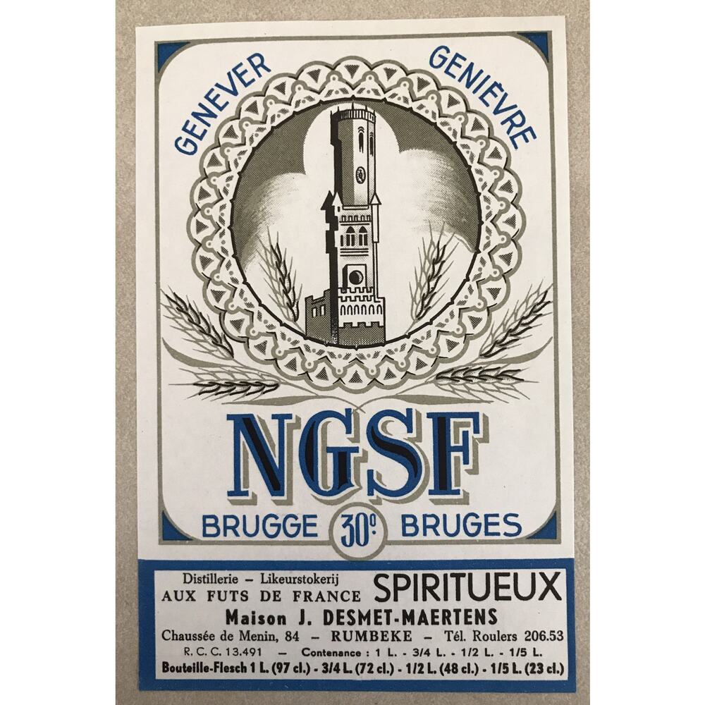 Vtg 50s NGSF Brugge Bruges Genever Genievre Desmet-Maertens French Wine Label